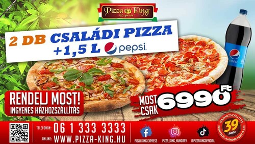 Pizza King 3 - 2 darab Családi pizza 1,5 literes Pepsivel - Szuper ajánlat - Online rendelés